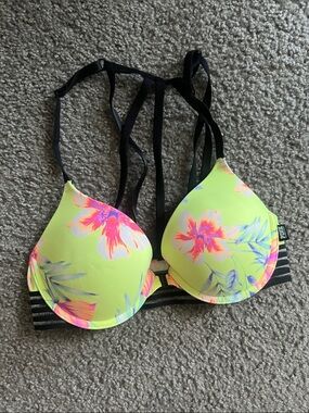PINK Victoria's Secret Neon Yellow Floral Push-Up Bra with Black Strappy Back